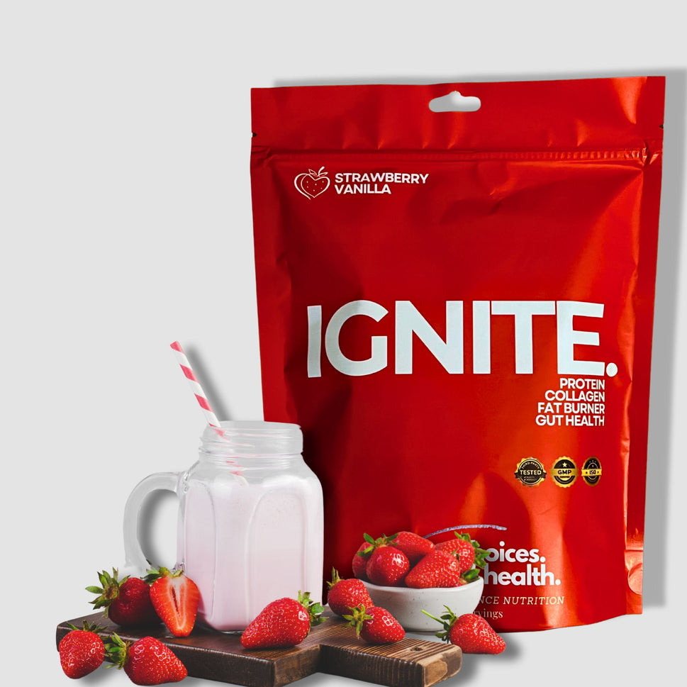 IGNITE: A fusion of collagen peptides, protein isolates, expertly balanced electrolytes, and a focused dose of MCT's to deliver immediate ketone energy while promote optimal gut-brain communication support.Strawberry Vanilla / Large - 30 servings