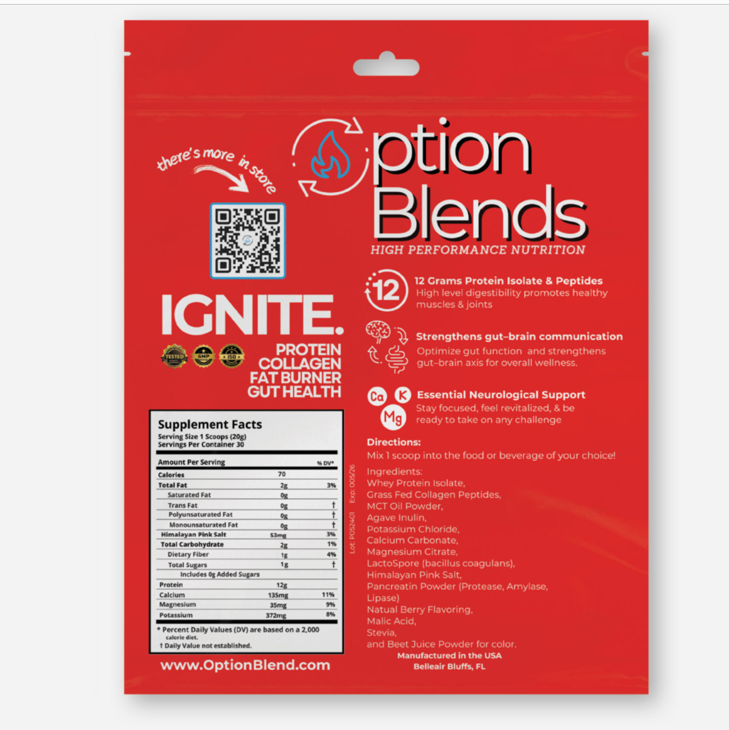IGNITE: A fusion of collagen peptides, protein isolates, expertly balanced electrolytes, and a focused dose of MCT's to deliver immediate ketone energy while promote optimal gut-brain communication support.
